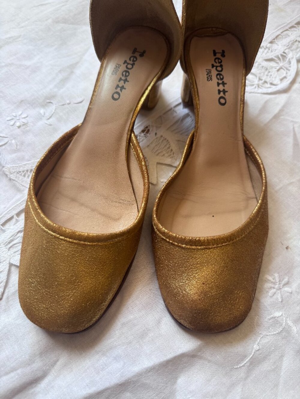 Repetto Gold Metallic Ankle Strap Block Heel Ballet Pumps | Size 38 | French